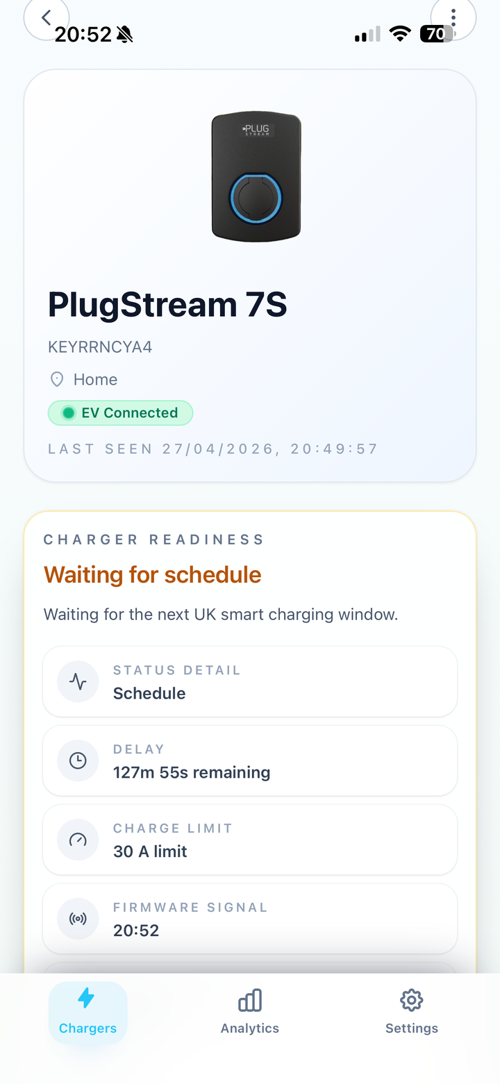 MyPlugStream Charger readiness card showing the charger waiting for a schedule